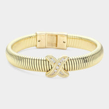 Load image into Gallery viewer, Gold CZ Stone Paved Cross Cross Pointed Coil Bangle Bracelet
