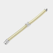 Load image into Gallery viewer, CZ Stone Paved Cross Cross Pointed Two Tone Coil Bangle Bracelet
