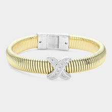 Load image into Gallery viewer, CZ Stone Paved Cross Cross Pointed Two Tone Coil Bangle Bracelet
