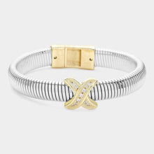 Load image into Gallery viewer, Gold CZ Stone Paved Cross Cross Pointed Two Tone Coil Bangle Bracelet
