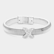 Load image into Gallery viewer, CZ Stone Paved Cross Cross Pointed Coil Bangle Bracelet
