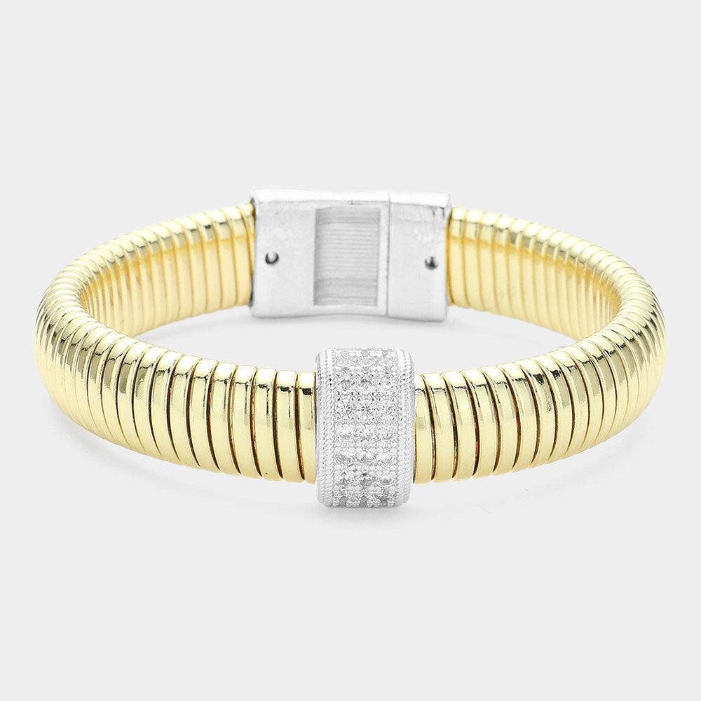 CZ Stone Paved Pointed Two Tone Coil Bangle Bracelet - Jewelry Store by Erik Rayo