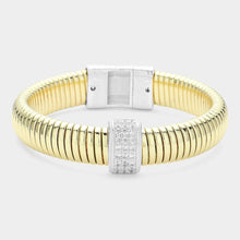 Load image into Gallery viewer, CZ Stone Paved Pointed Two Tone Coil Bangle Bracelet
