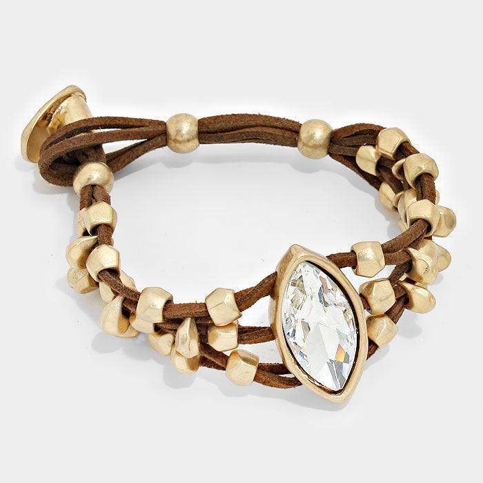 Gold Crystal Accented Chunky Metal Bead Suede Bracelet - Jewelry Store by Erik Rayo