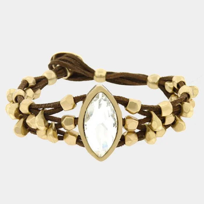 Gold Crystal Accented Chunky Metal Bead Suede Bracelet - Jewelry Store by Erik Rayo