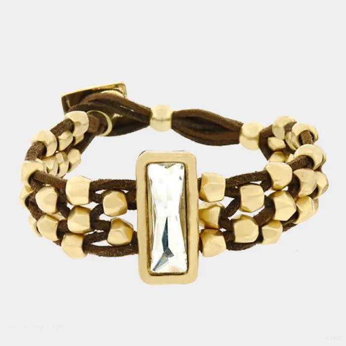 Gold Rectangle Crystal Chunky Metal Bead Cluster Suede Bracelet - Jewelry Store by Erik Rayo