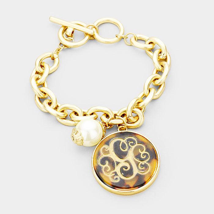 Gold Monogram Pearl Charm Chain Link Monogram Bracelet