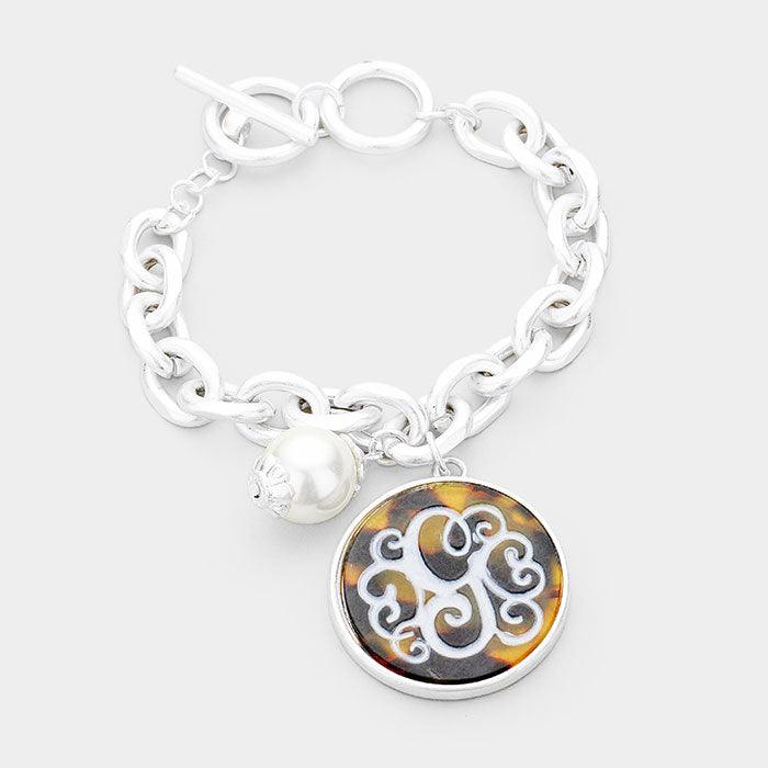 Silver Monogram Pearl Charm Chain Link Monogram Bracelet