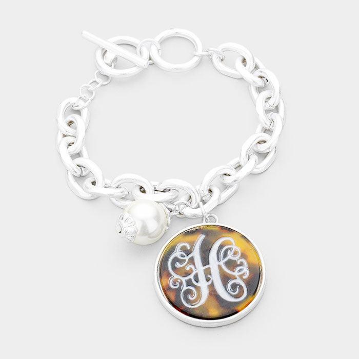 Silver Monogram Pearl Charm Chain Link Monogram Bracelet