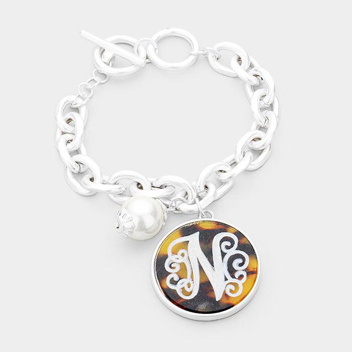 Silver Monogram Pearl Charm Chain Link Monogram Bracelet