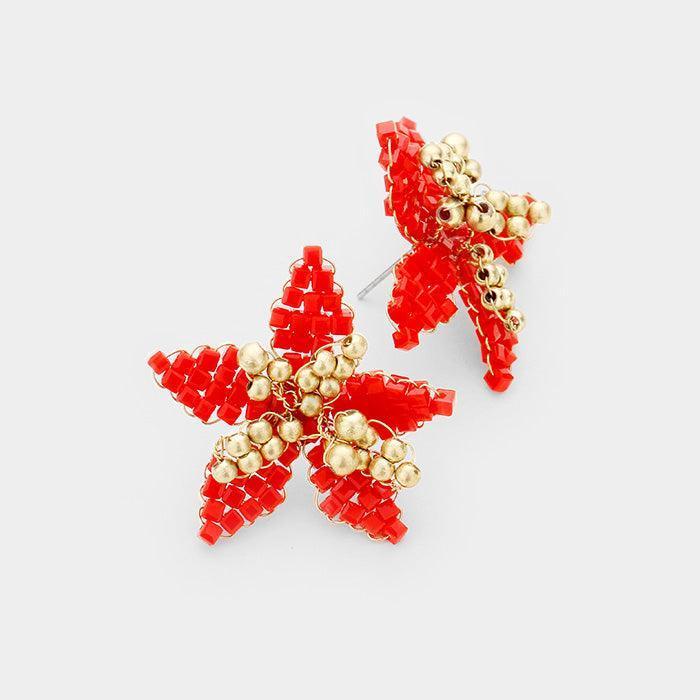 Red Wire Wrapped Beaded Flower Earring - Jewelry Store by Erik Rayo