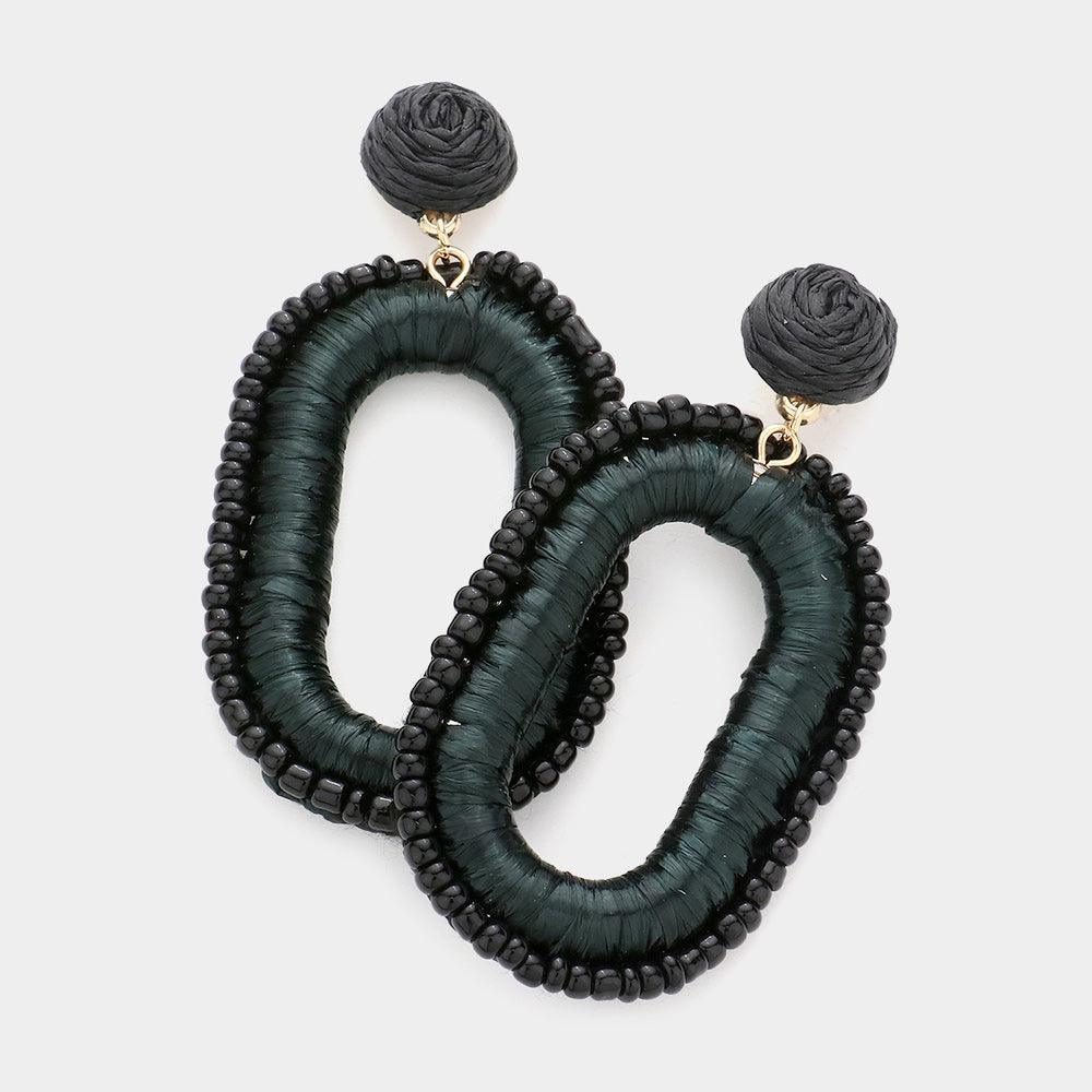 Black Seed Bead Trimmed Raffia Wrapped Open Oval Dangle Earrings - Jewelry Store by Erik Rayo