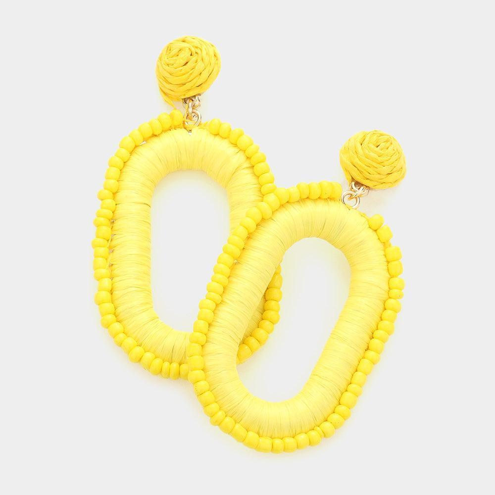 Yellow Seed Bead Trimmed Raffia Wrapped Open Oval Dangle Earrings - Jewelry Store by Erik Rayo
