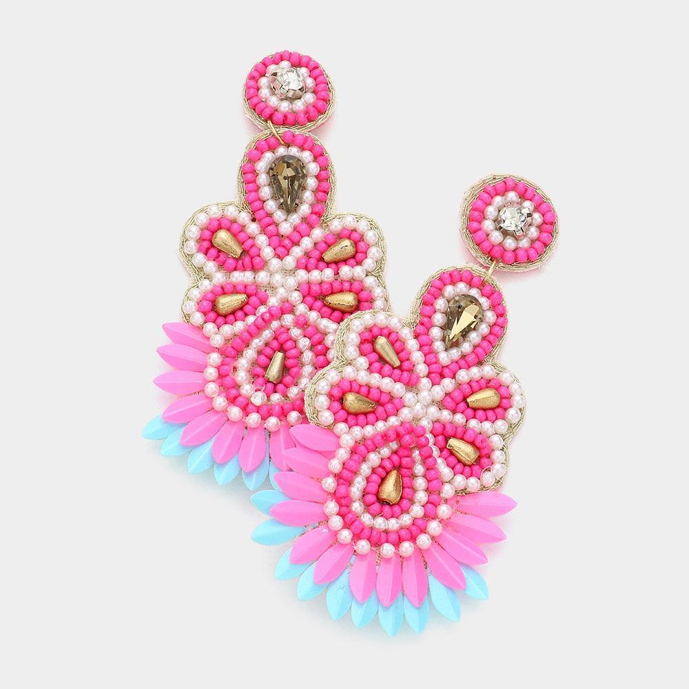 Coral Felt Back Stone Beaded Dangle Earrings - Jewelry Store by Erik Rayo