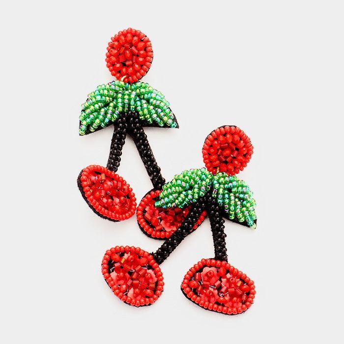 Red Beaded Cherry Dangle Earrings - Jewelry Store by Erik Rayo