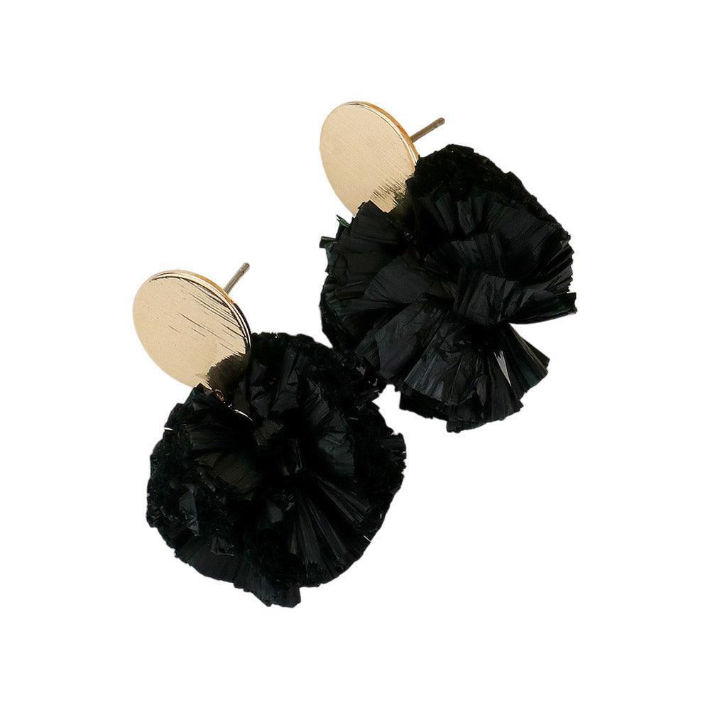 Black Single Raffia Pom Pom Drop Earrings - Jewelry Store by Erik Rayo
