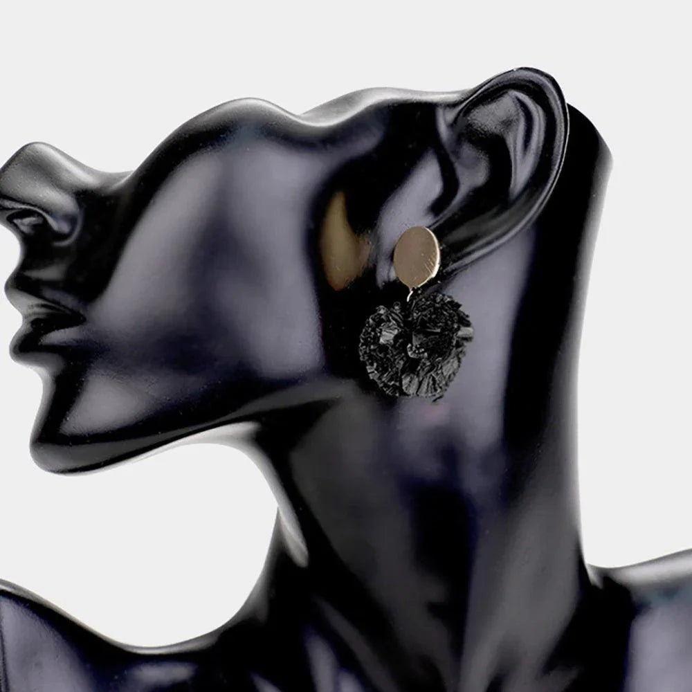 Black Single Raffia Pom Pom Drop Earrings - Jewelry Store by Erik Rayo