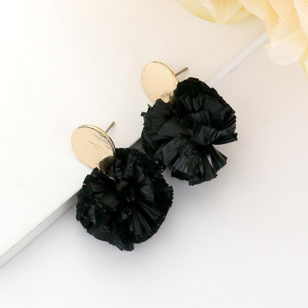 Black Single Raffia Pom Pom Drop Earrings - Jewelry Store by Erik Rayo