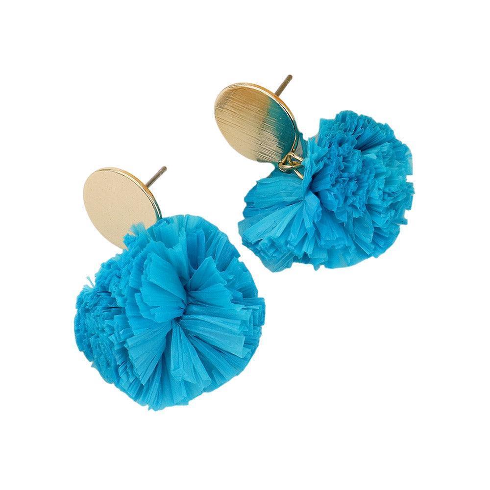Blue Single Raffia Pom Pom Drop Earrings - Jewelry Store by Erik Rayo