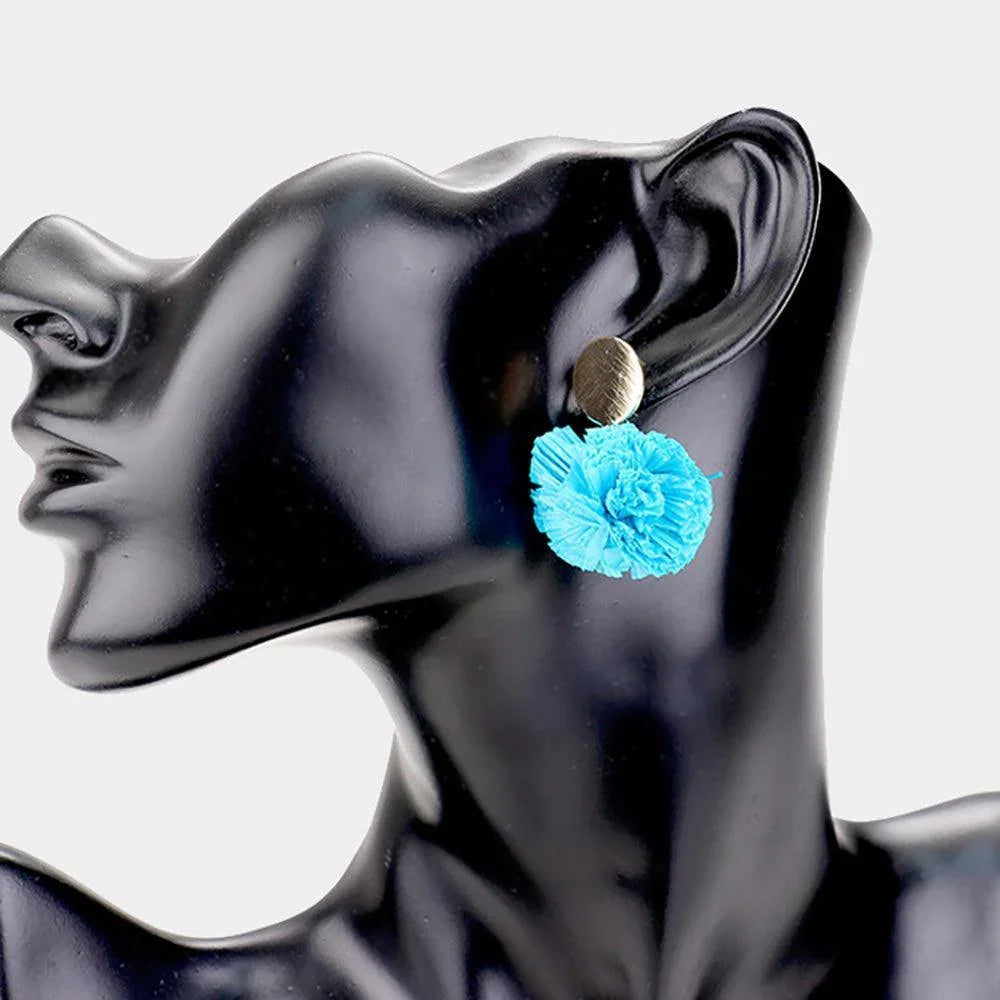 Blue Single Raffia Pom Pom Drop Earrings - Jewelry Store by Erik Rayo