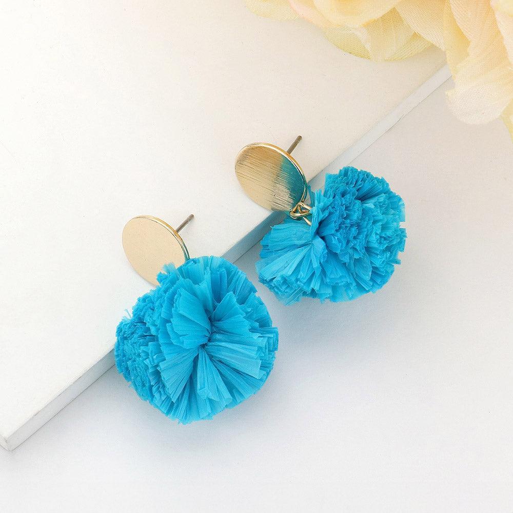 Blue Single Raffia Pom Pom Drop Earrings - Jewelry Store by Erik Rayo