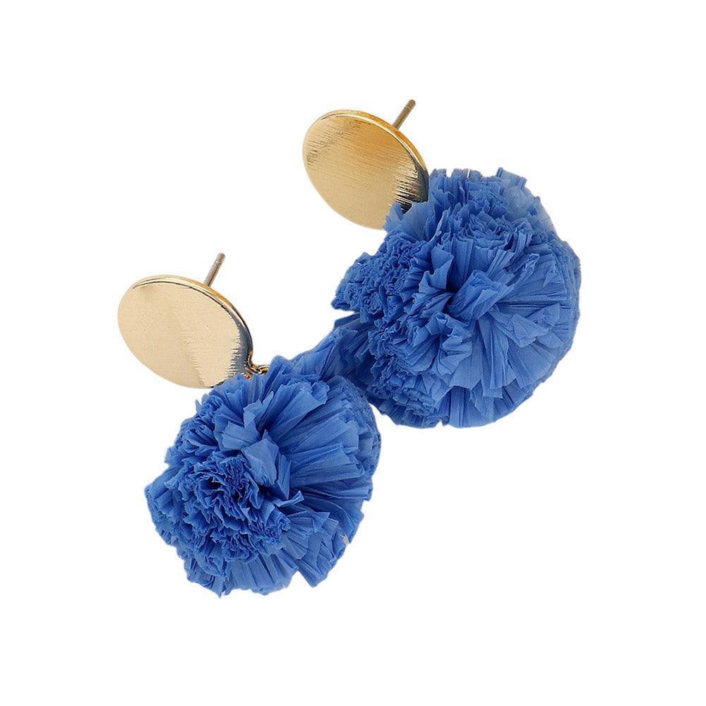 Blue Single Raffia Pom Pom Drop Earrings - Jewelry Store by Erik Rayo