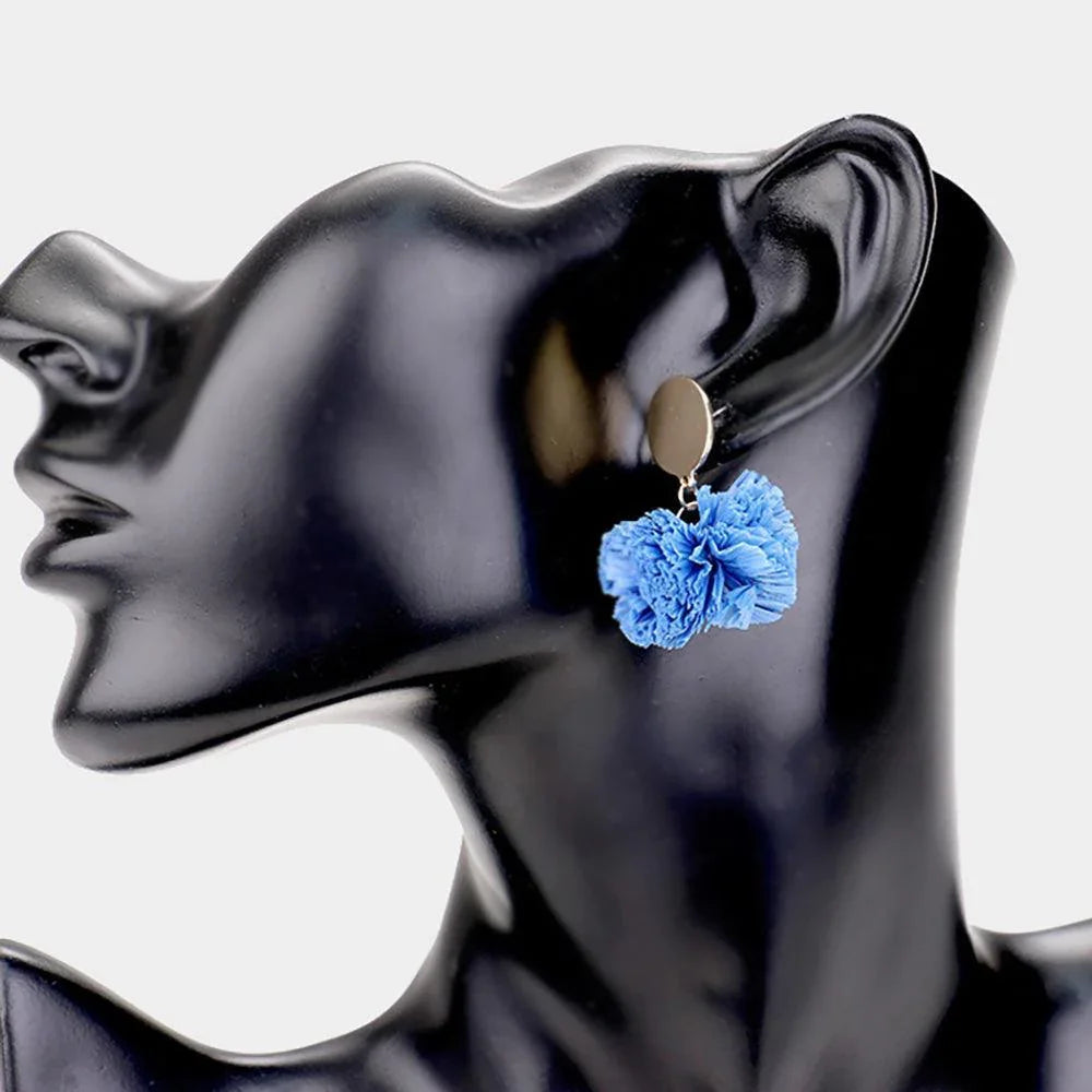 Blue Single Raffia Pom Pom Drop Earrings - Jewelry Store by Erik Rayo