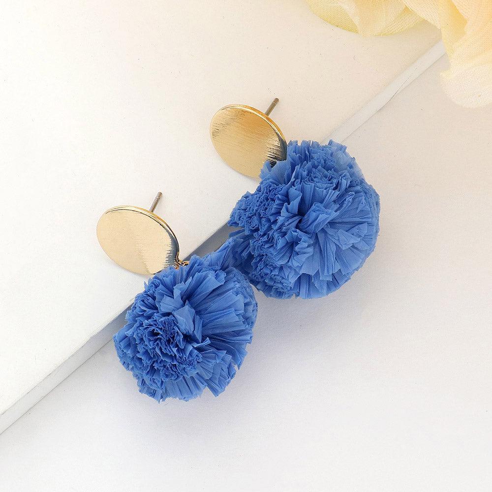 Blue Single Raffia Pom Pom Drop Earrings - Jewelry Store by Erik Rayo