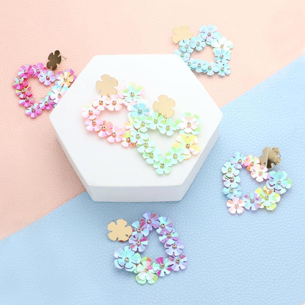 Blue Flower Cluster Heart Dangle Earrings - Jewelry Store by Erik Rayo