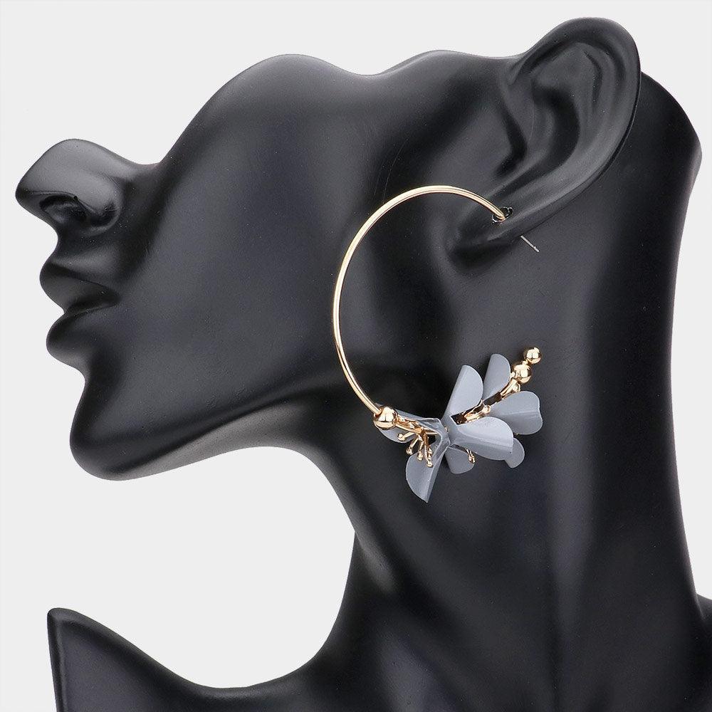 Gray Colored Metal Flower Accented Hoop Earrings