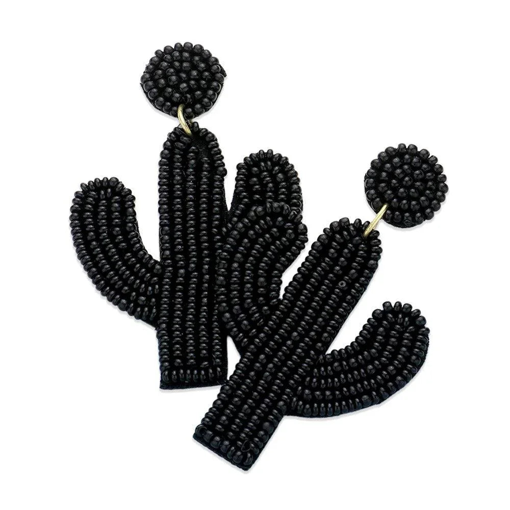 Black Felt Back Beaded Cactus Drop Dangle Earrings - Jewelry Store by Erik Rayo