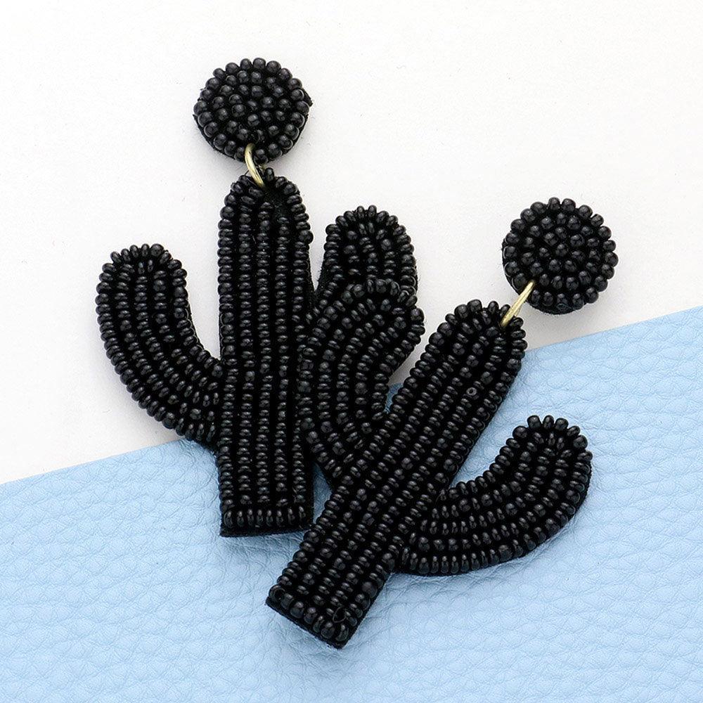 Black Felt Back Beaded Cactus Drop Dangle Earrings - Jewelry Store by Erik Rayo