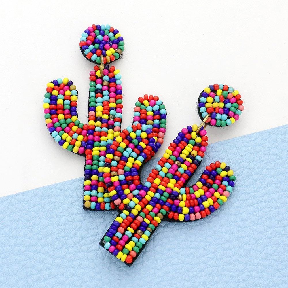 Felt Back Beaded Cactus Drop Dangle Earrings - Jewelry Store by Erik Rayo