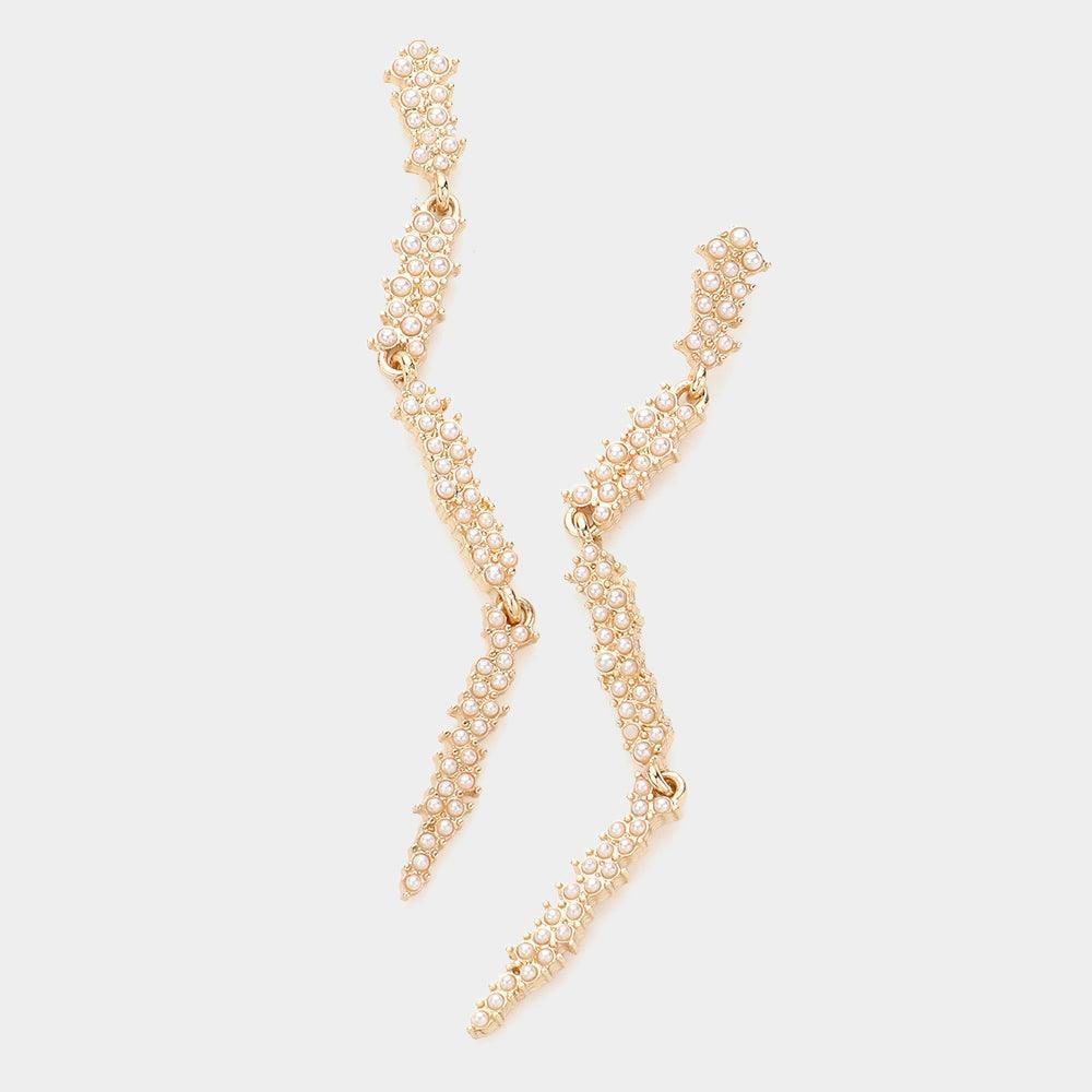 Cream Pearl Embellished Abstract Metal Link Dangle Earrings - Jewelry Store by Erik Rayo