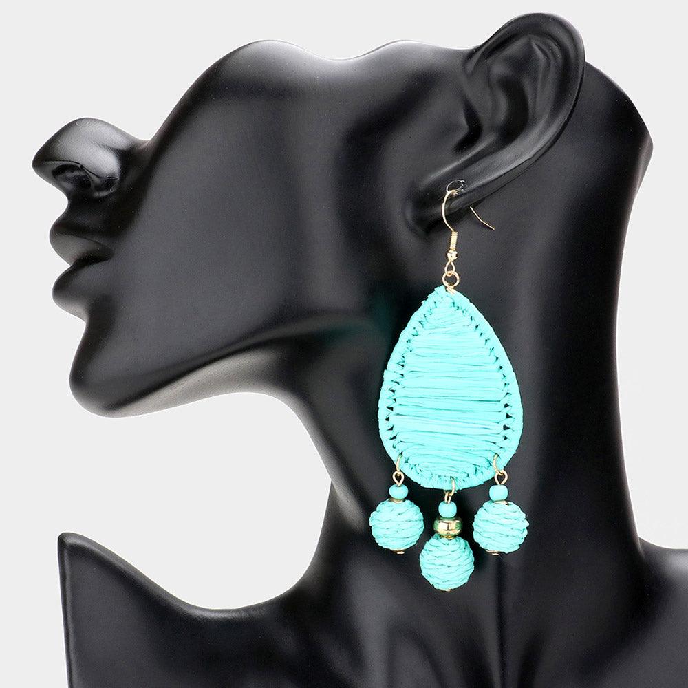 Turquoise Raffia Wrapped Teardrop Triple Ball Link Dangle Earrings