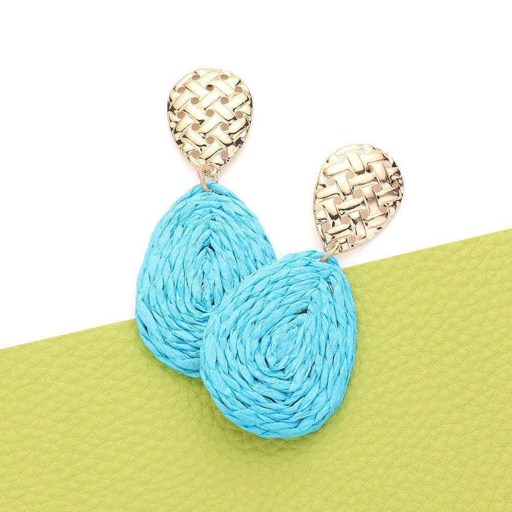Blue Raffia Wrapped Teardrop Dangle Earrings - Jewelry Store by Erik Rayo