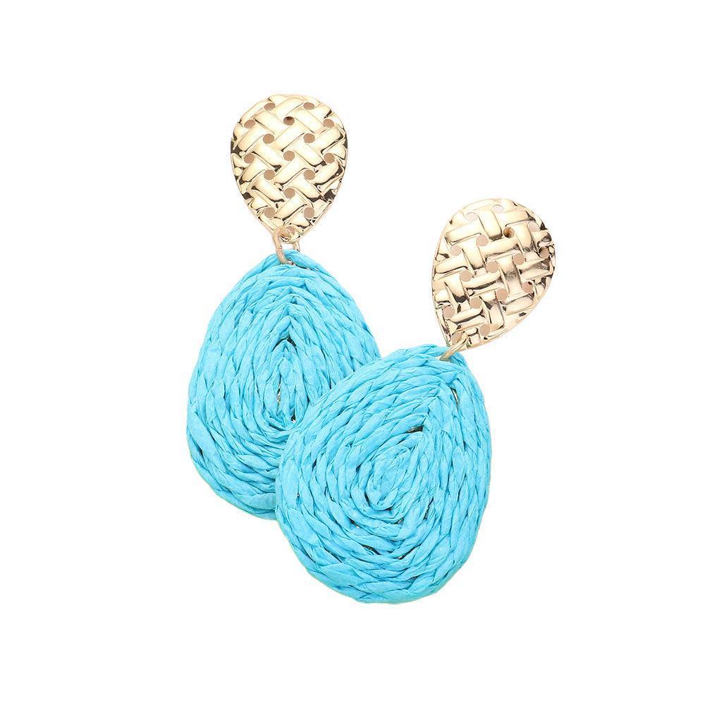 Blue Raffia Wrapped Teardrop Dangle Earrings - Jewelry Store by Erik Rayo