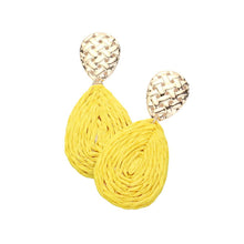 Load image into Gallery viewer, Yellow Raffia Wrapped Teardrop Dangle Earrings
