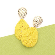 Load image into Gallery viewer, Yellow Raffia Wrapped Teardrop Dangle Earrings
