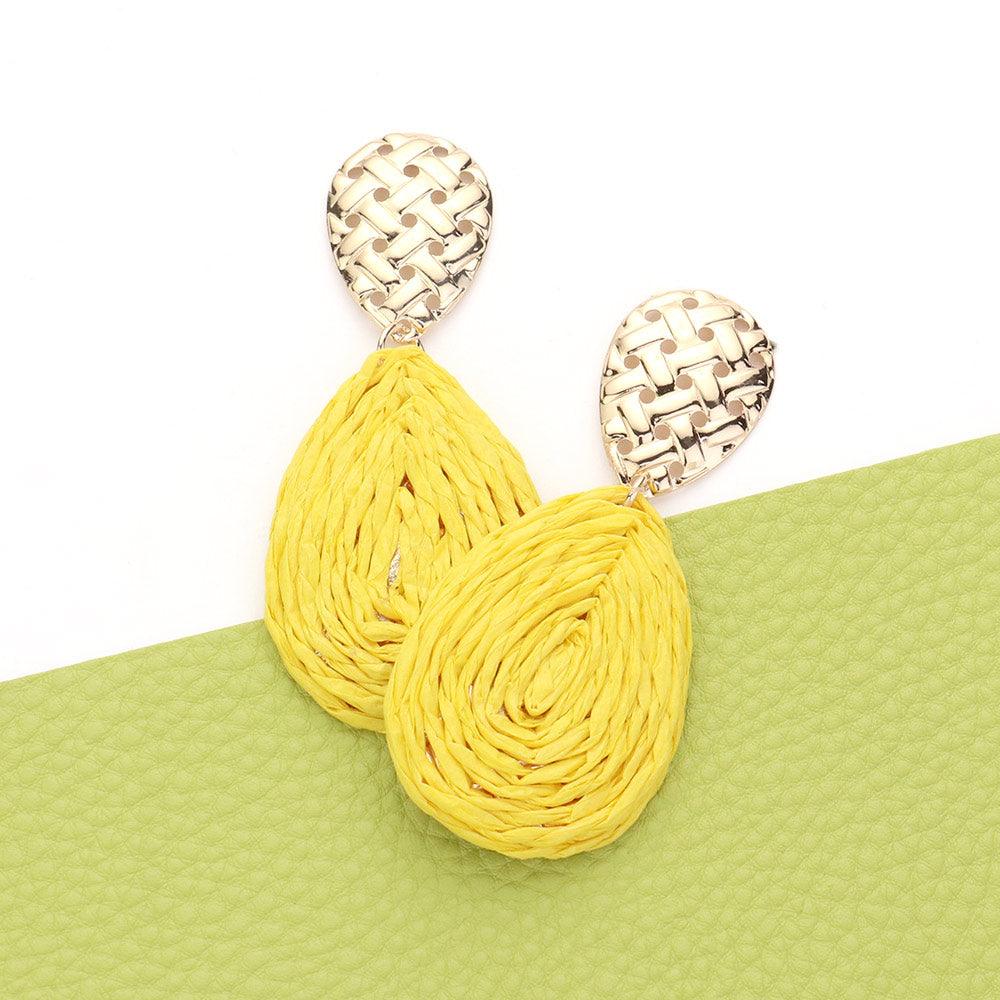 Yellow Raffia Wrapped Teardrop Dangle Earrings