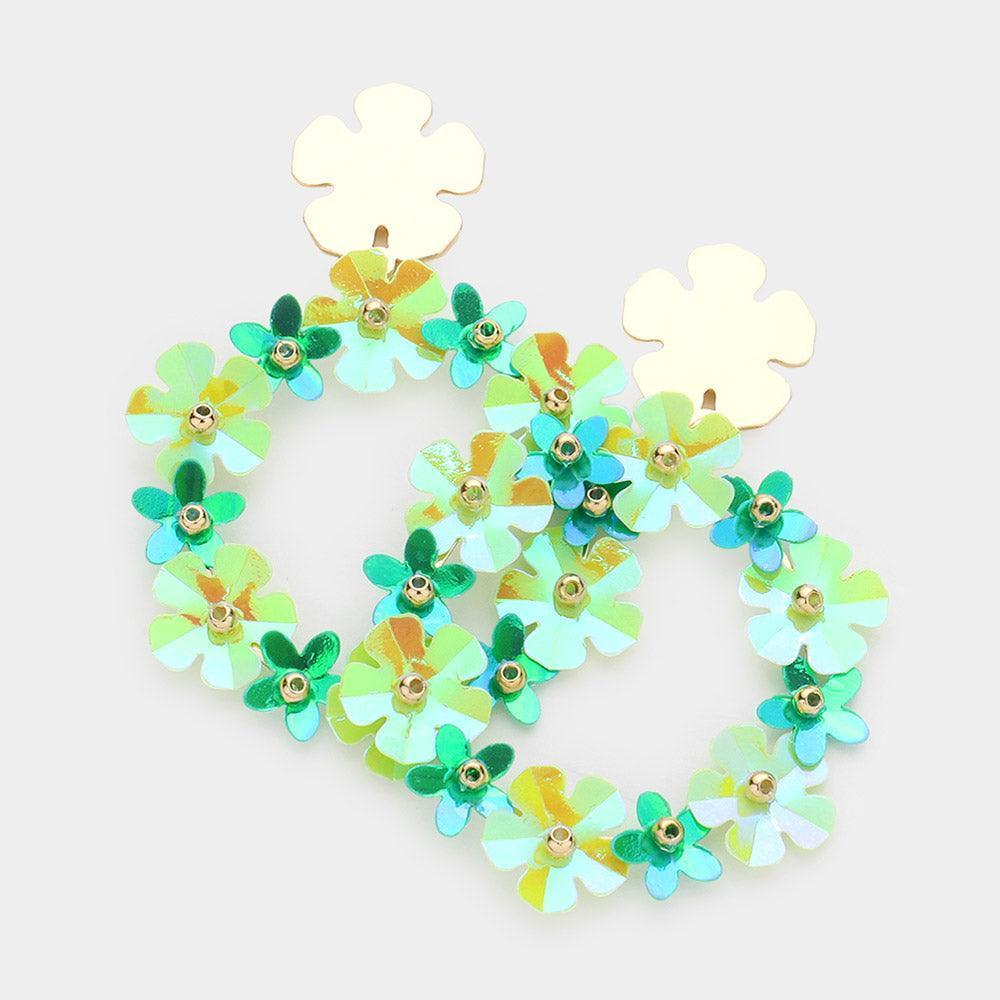 Green Flower Cluster Open Circle Dangle Earrings - Jewelry Store by Erik Rayo