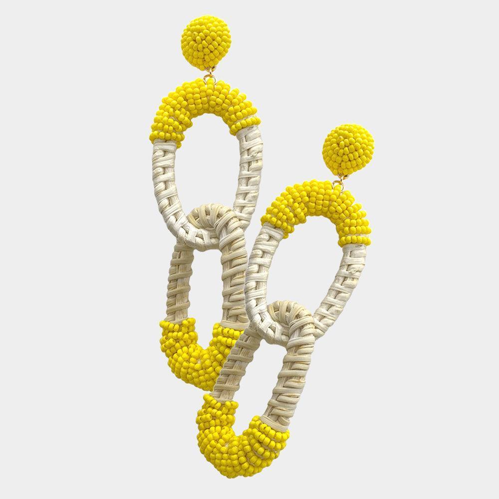 Yellow Wrapped Seed Bead Woven Wood Double Open Oval Link Dangle Earrings - Jewelry Store by Erik Rayo