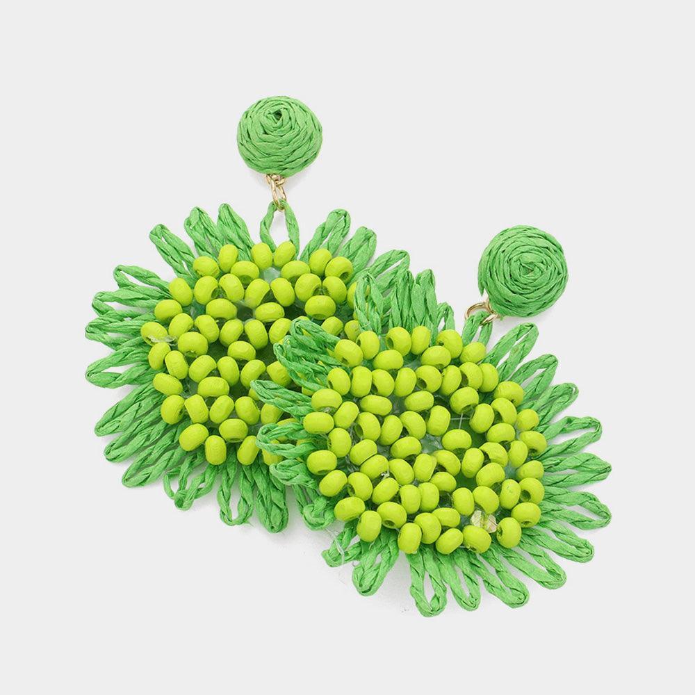 Green Wood Beaded Raffia Sunflower Dangle Earrings - Jewelry Store by Erik Rayo