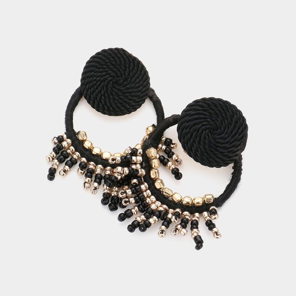 Black Rope Wrapped Beaded Fringe Open Circle Earrings - Jewelry Store by Erik Rayo