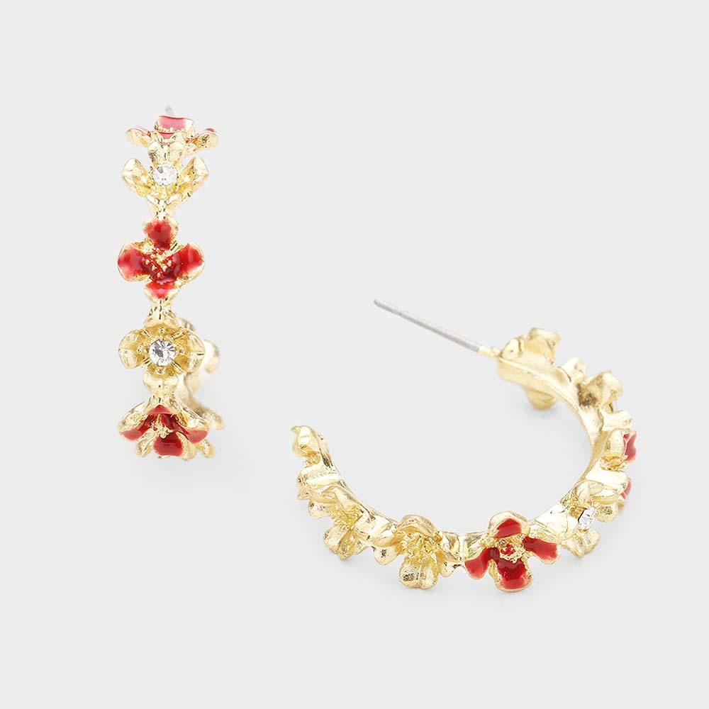 Red Enamel Flower Accented Metal Half Hoop Earrings - Jewelry Store by Erik Rayo