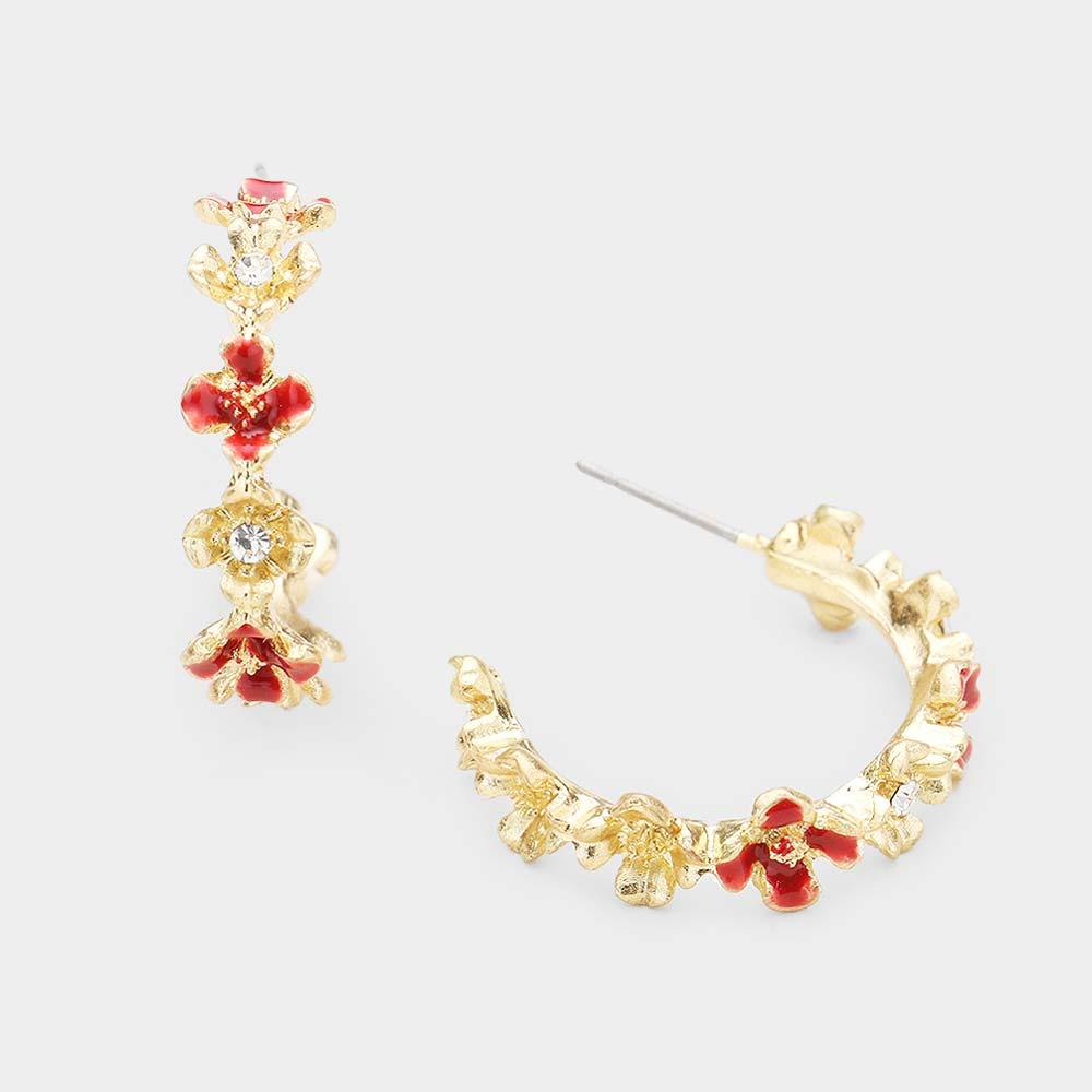 Red Enamel Flower Accented Metal Half Hoop Earrings