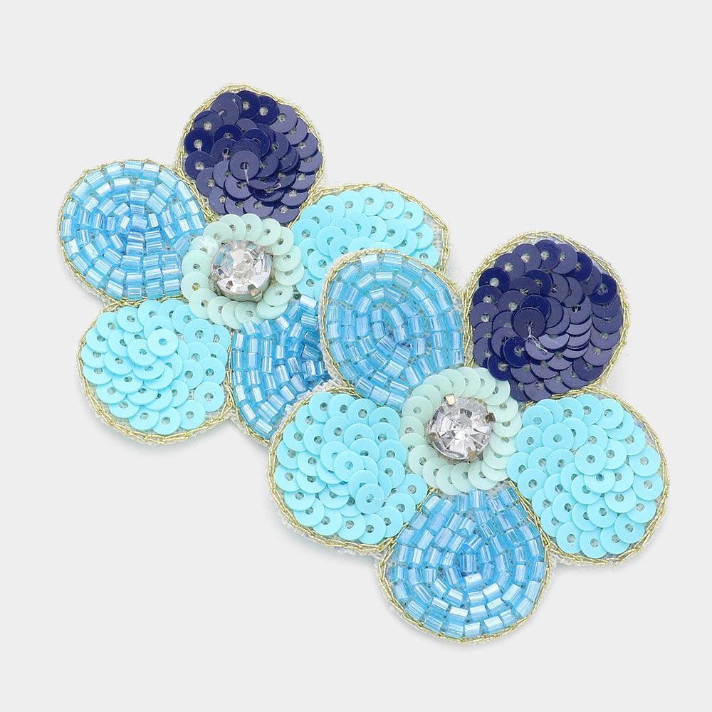Blue Felt Back Stone Embellished Sequin Beaded Flower Earrings - Jewelry Store by Erik Rayo