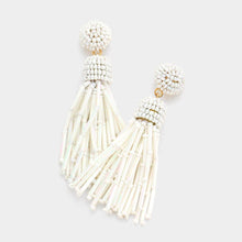 Load image into Gallery viewer, White Cylinder Beaded Tassel Dangle Earrings
