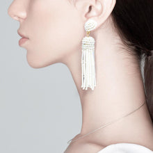 Load image into Gallery viewer, White Cylinder Beaded Tassel Dangle Earrings
