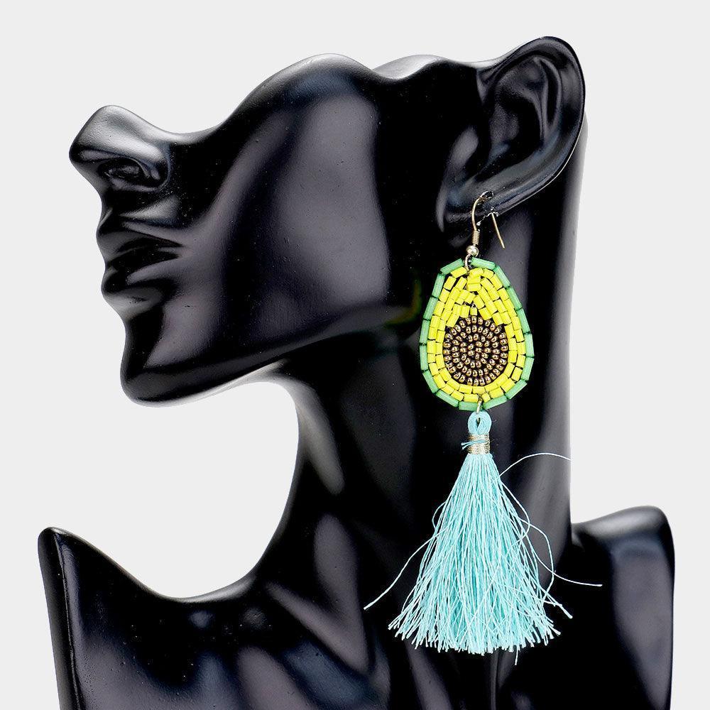 Green Beaded Avocado Tassel Earrings - Jewelry Store by Erik Rayo